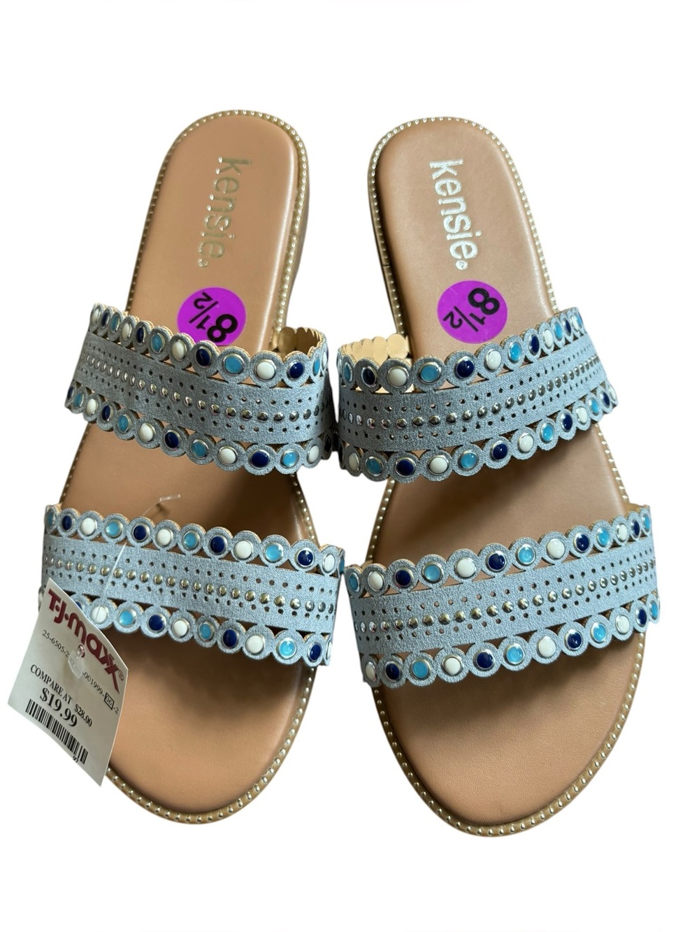 Kensie Mina Blue Embellished Double-Strap Slide Sandals, size 8.5